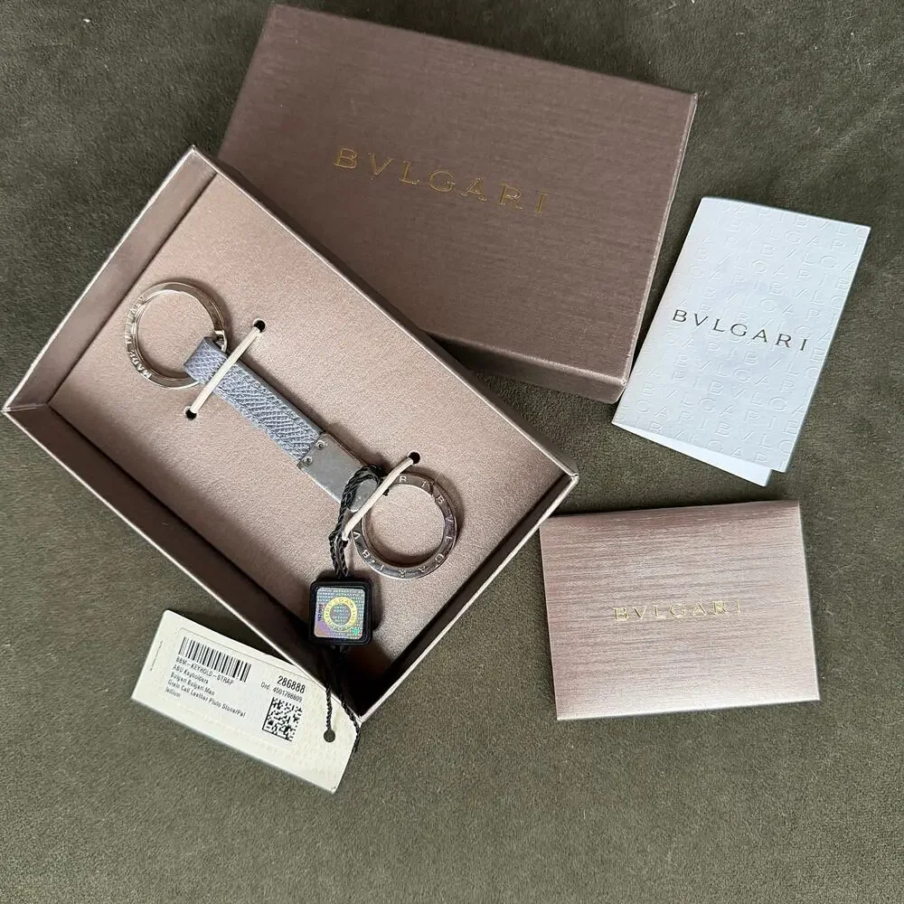 BVLGARI Bulgari Timeless Gray Calf Leather Silver Keychain Keyhold Strap Gift